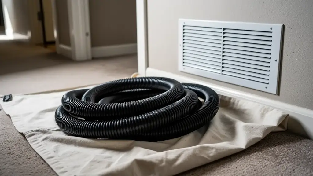 A black ribbed duct vacuum hose coiled on a drop cloth beside a wall return grille