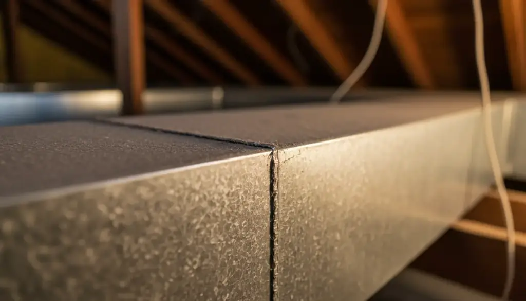 The crimped seam of a galvanized duct trunk under a film of grey attic dust