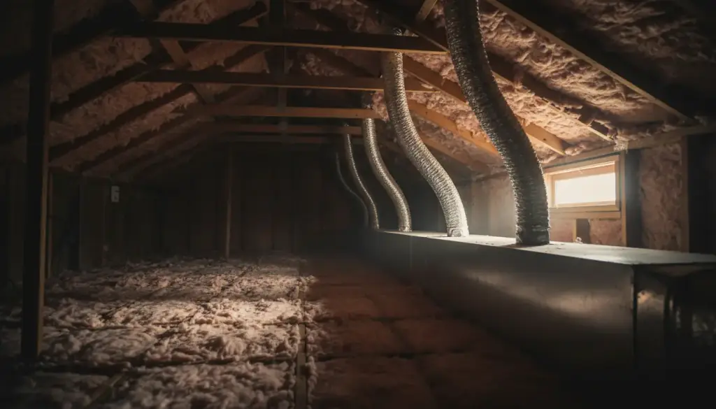 A galvanized supply trunk with insulated flex branches running over blown insulation in an attic