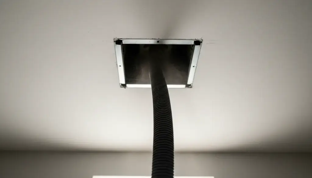 A ceiling supply register removed, with a black ribbed vacuum hose fed up into the open duct boot