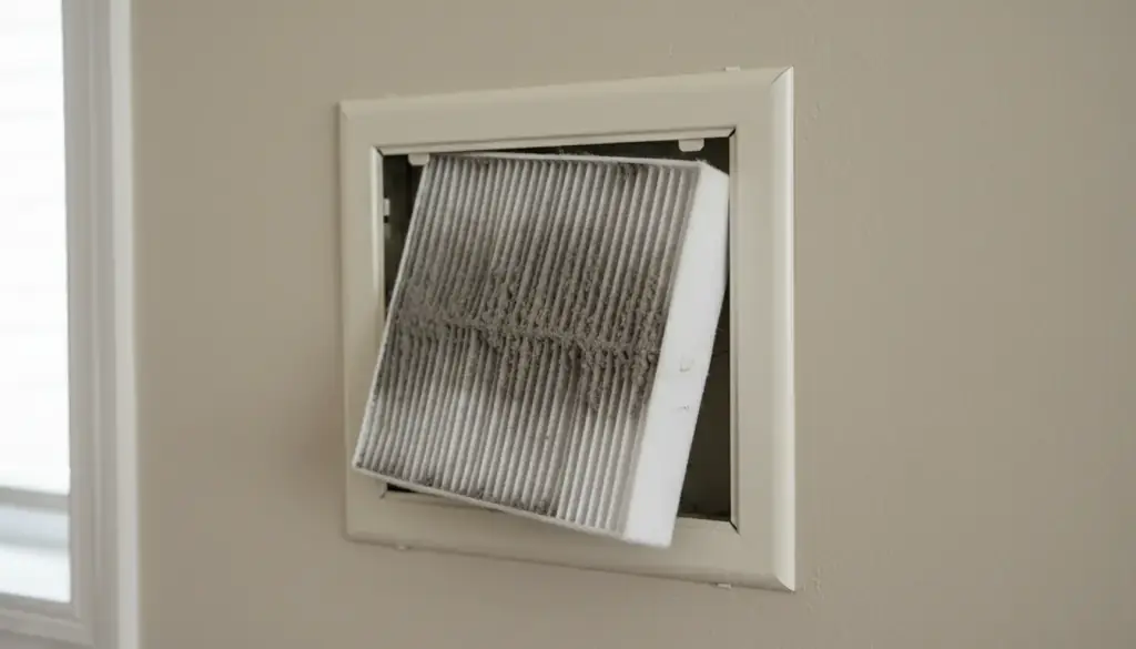 A wall return grille swung open with a pleated air filter half pulled out, grey with dust