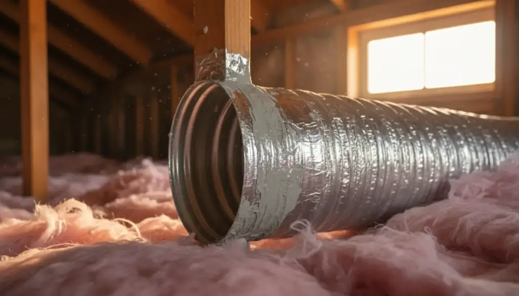 Silver insulated flex duct with a foil-taped joint lying on pink fiberglass insulation in an attic
