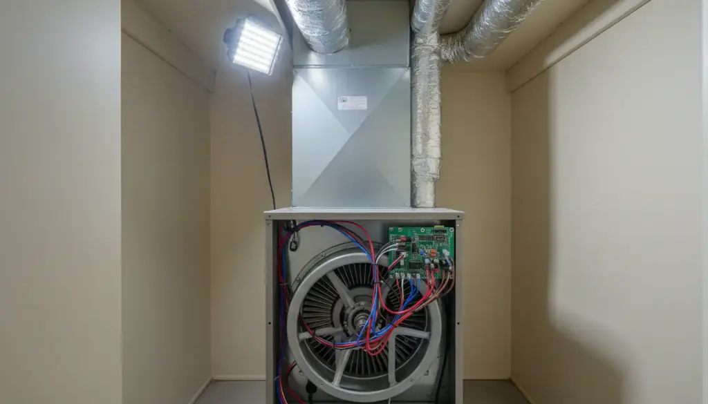 An indoor air handler in a utility closet with the access panel off, showing the blower wheel and control board