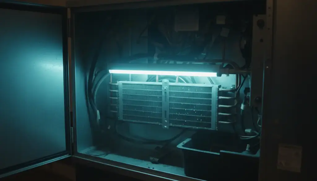 A UV lamp tube glowing pale blue above the evaporator coil fins inside an opened air handler cabinet